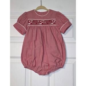 Beaux Et Belles Smocked Embroidered Christmas Peppermints Bubble Romper 6 mos